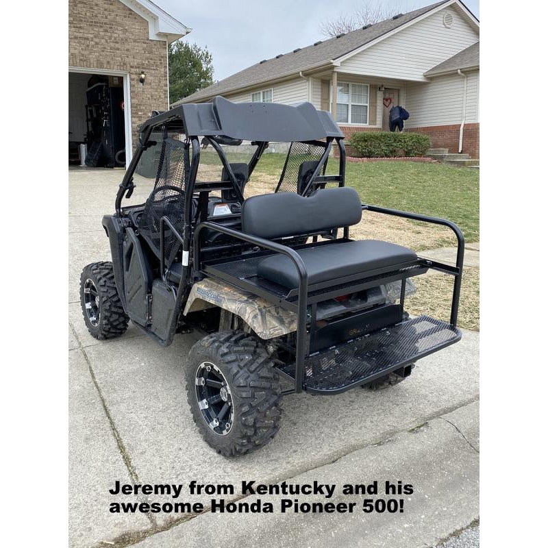 Honda Pioneer 500 CUSTOM REAR WELDED FLIP SEAT ASSEMBLY-USA -Raw Metal-Includes Grizzly's Amazing Heat Shield, Black Cushion Set; 13 GA Exp. Sheet Metal; Cargo Area-INSTANT TRANSFORMATION!-Options: Seat Belts, 2" Receiver, Grab Bar - Raw Metal Only!