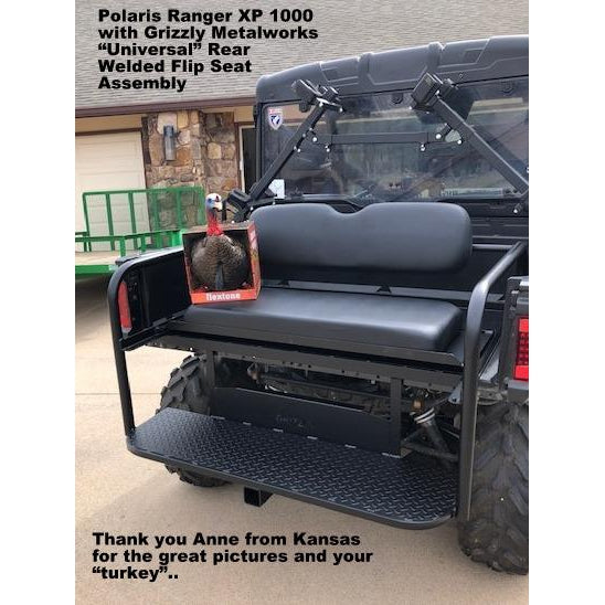 UNIVERSAL SIDE X SIDE REAR WELDED FLIP SEAT-w/Heat Shield; Creates Cargo Area Behind Seat. Fits STOCK REAR BED UTVs- Raw Metal, 2 sizes - MEDIUM & LARGE ONLY- Polaris Ranger XP 1000, John Deere Gator,  13 GA Exp. Sheet Metal - OPTIONS