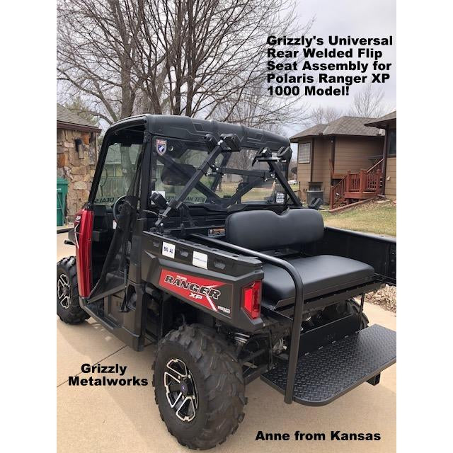 UNIVERSAL SIDE X SIDE REAR WELDED FLIP SEAT-w/Heat Shield; Creates Cargo Area Behind Seat. Fits STOCK REAR BED UTVs- Raw Metal, 2 sizes - MEDIUM & LARGE ONLY- Polaris Ranger XP 1000, John Deere Gator,  13 GA Exp. Sheet Metal - OPTIONS