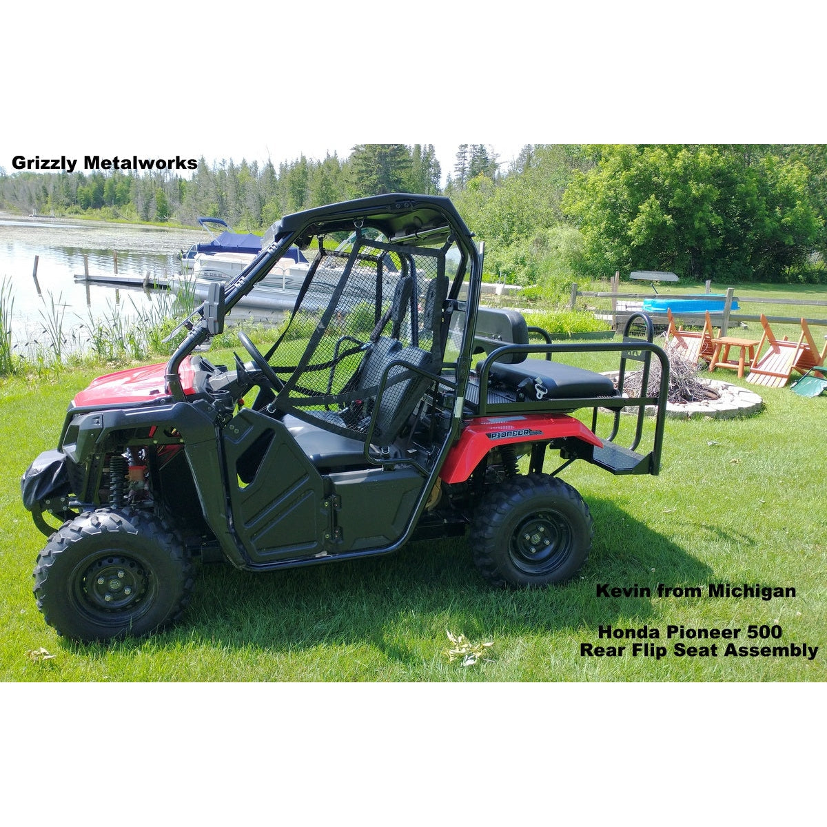 Honda Pioneer 500 CUSTOM REAR WELDED FLIP SEAT ASSEMBLY-USA -Raw Metal-Includes Grizzly's Amazing Heat Shield, Black Cushion Set; 13 GA Exp. Sheet Metal; Cargo Area-INSTANT TRANSFORMATION!-Options: Seat Belts, 2" Receiver, Grab Bar - Raw Metal Only!