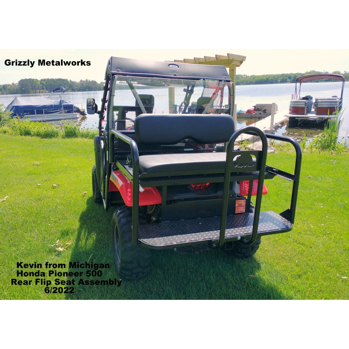 Honda Pioneer 500 CUSTOM REAR WELDED FLIP SEAT ASSEMBLY-USA -Raw Metal-Includes Grizzly's Amazing Heat Shield, Black Cushion Set; 13 GA Exp. Sheet Metal; Cargo Area-INSTANT TRANSFORMATION!-Options: Seat Belts, 2" Receiver, Grab Bar - Raw Metal Only!