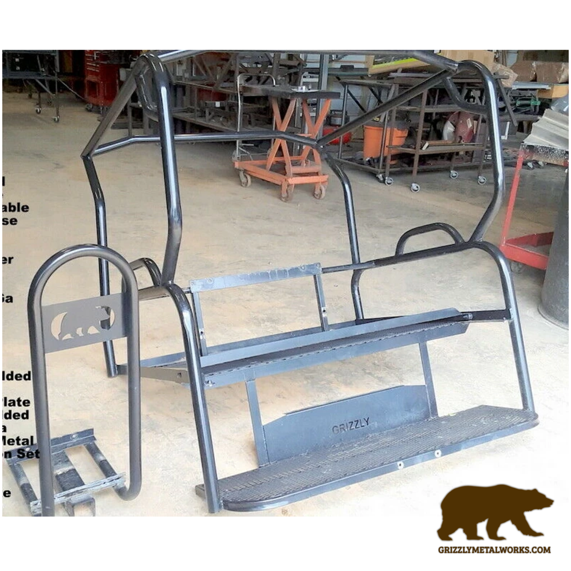 Honda Pioneer 500 CUSTOM EXCLUSIVE USA REAR WELDED FLIP SEAT ASSEMBLY WITH WELDED BAJA CAGE-W/Cargo Storage Area; Heat Shield, Black Cushion Set; Upper Grab Bars! 13 Ga Expanded Flat/Smooth Sheet Metal - Heavy Duty-Other Custom Options Available