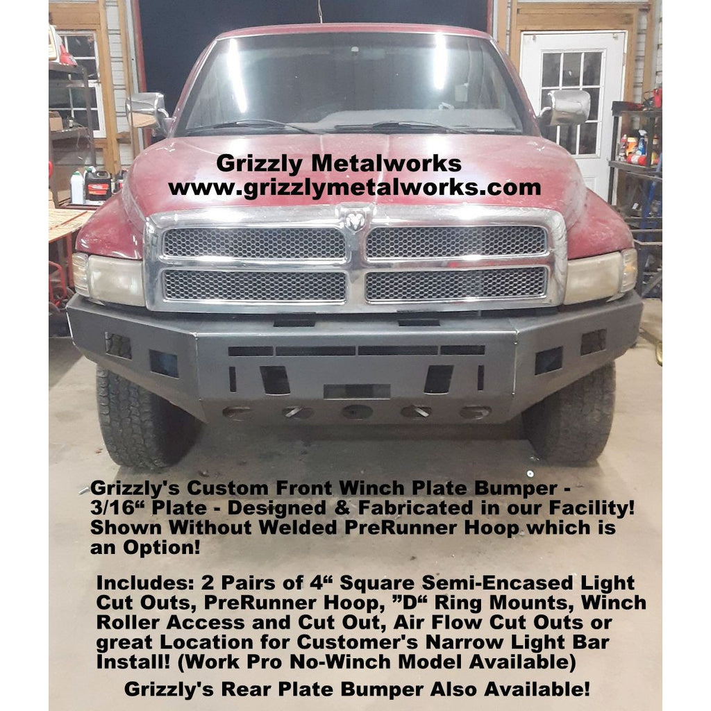1994-2001 Dodge Ram 1500, 2500 & 3500 Gas and Diesel Trucks- Custom USA Front Winch 3/16" Plate Bumper- (Non-Winch Model Available)  PRECISION WELDED MODEL - Extra Heavy Duty! Grizzly High Quality! USA! OPTIONS AVAILABLE! - Raw Metal Only