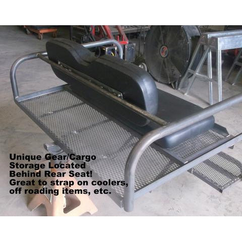 Honda Pioneer 500 CUSTOM REAR WELDED FLIP SEAT ASSEMBLY-USA -Raw Metal-Includes Grizzly's Amazing Heat Shield, Black Cushion Set; 13 GA Exp. Sheet Metal; Cargo Area-INSTANT TRANSFORMATION!-Options: Seat Belts, 2" Receiver, Grab Bar - Raw Metal Only!