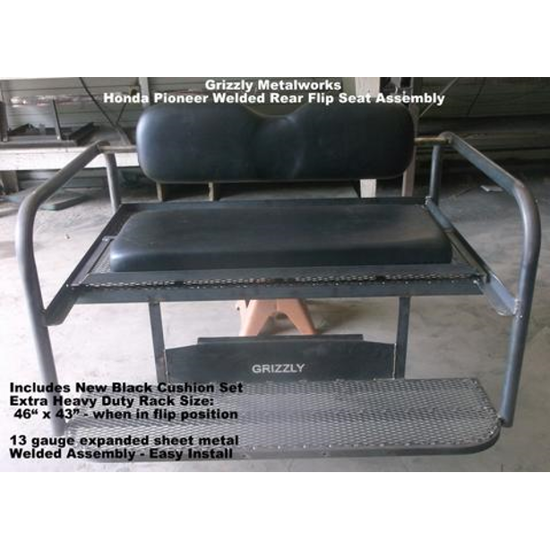 Honda Pioneer 500 CUSTOM REAR WELDED FLIP SEAT ASSEMBLY-USA -Raw Metal-Includes Grizzly's Amazing Heat Shield, Black Cushion Set; 13 GA Exp. Sheet Metal; Cargo Area-INSTANT TRANSFORMATION!-Options: Seat Belts, 2" Receiver, Grab Bar - Raw Metal Only!