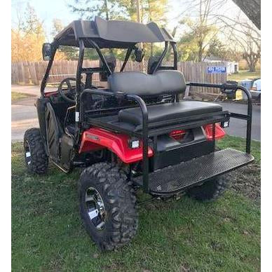 Honda Pioneer 500 CUSTOM REAR WELDED FLIP SEAT ASSEMBLY-USA -Raw Metal-Includes Grizzly's Amazing Heat Shield, Black Cushion Set; 13 GA Exp. Sheet Metal; Cargo Area-INSTANT TRANSFORMATION!-Options: Seat Belts, 2" Receiver, Grab Bar - Raw Metal Only!