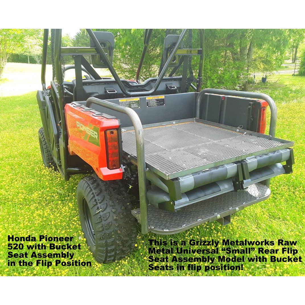 Honda Pioneer 520 REAR WELDED FLIP SEAT-Raw Metal-Includes High Quality Bucket Seats; 13 GA Exp. Sheet Metal; Cargo Area-INSTANTLY TRANSFORM YOUR 520 - 4 SEATER SIDE X SIDE- (cushion pattern color may vary)