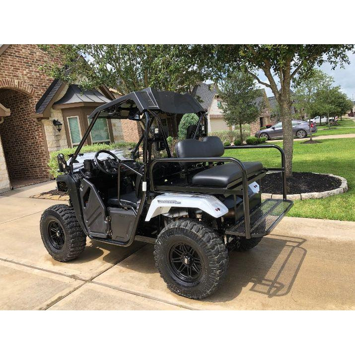 Honda Pioneer 500 CUSTOM REAR WELDED FLIP SEAT ASSEMBLY-USA -Raw Metal-Includes Grizzly's Amazing Heat Shield, Black Cushion Set; 13 GA Exp. Sheet Metal; Cargo Area-INSTANT TRANSFORMATION!-Options: Seat Belts, 2" Receiver, Grab Bar - Raw Metal Only!