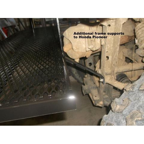 Honda Pioneer 500 CUSTOM REAR WELDED FLIP SEAT ASSEMBLY-USA -Raw Metal-Includes Grizzly's Amazing Heat Shield, Black Cushion Set; 13 GA Exp. Sheet Metal; Cargo Area-INSTANT TRANSFORMATION!-Options: Seat Belts, 2" Receiver, Grab Bar - Raw Metal Only!