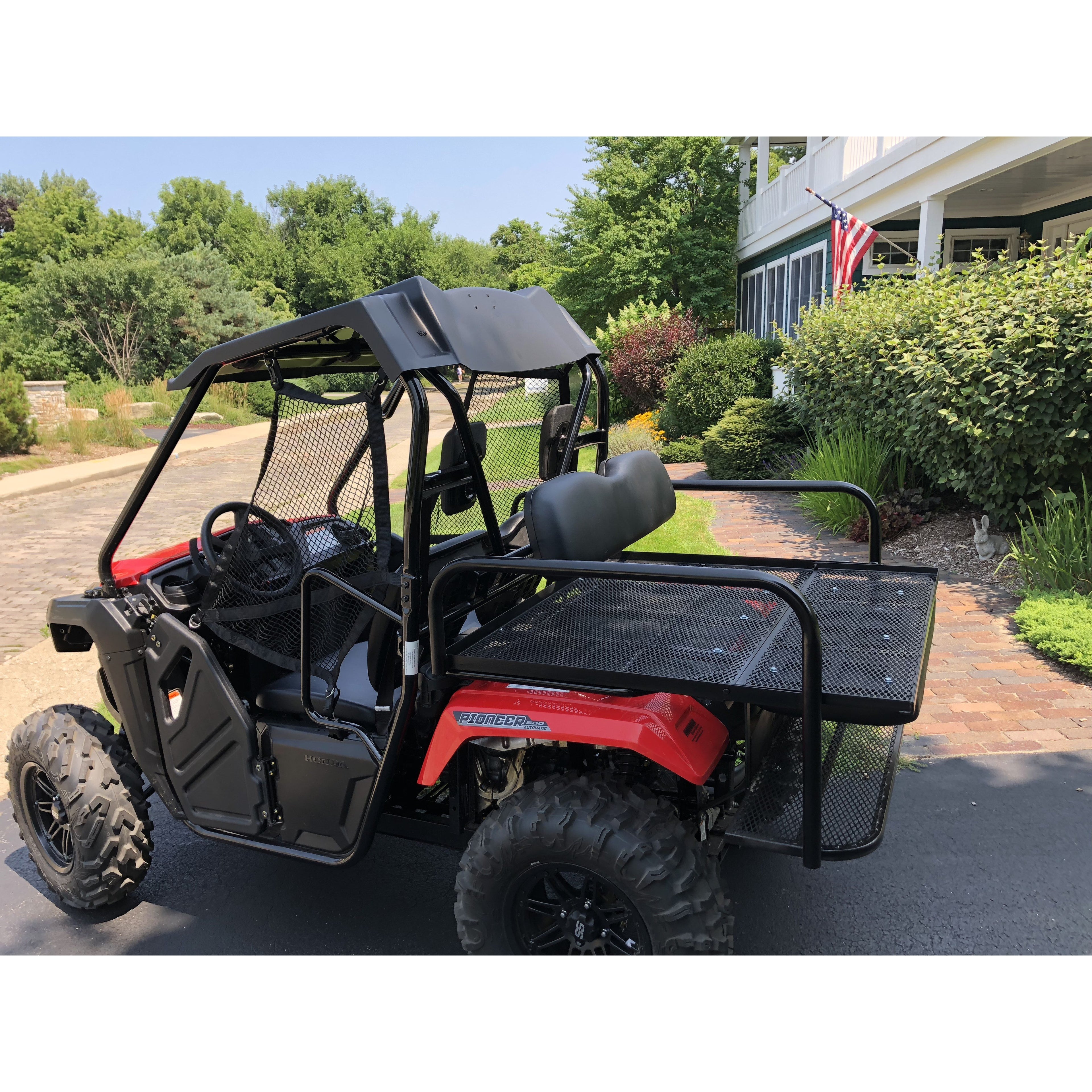 Honda Pioneer 500 CUSTOM REAR WELDED FLIP SEAT ASSEMBLY-USA -Raw Metal-Includes Grizzly's Amazing Heat Shield, Black Cushion Set; 13 GA Exp. Sheet Metal; Cargo Area-INSTANT TRANSFORMATION!-Options: Seat Belts, 2" Receiver, Grab Bar - Raw Metal Only!