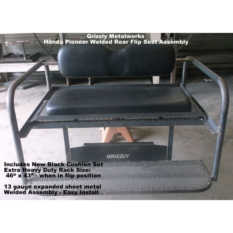 UNIVERSAL SIDE X SIDE REAR WELDED FLIP SEAT-w/Heat Shield; Creates Cargo Area Behind Seat. Fits STOCK REAR BED UTVs- Raw Metal, 2 sizes - MEDIUM & LARGE ONLY- Polaris Ranger XP 1000, John Deere Gator,  13 GA Exp. Sheet Metal - OPTIONS
