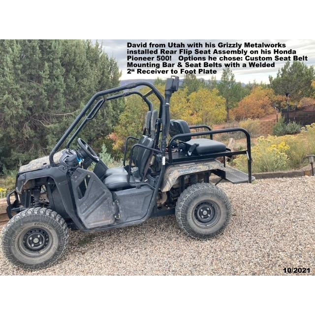 Honda Pioneer 500 CUSTOM REAR WELDED FLIP SEAT ASSEMBLY-USA -Raw Metal-Includes Grizzly's Amazing Heat Shield, Black Cushion Set; 13 GA Exp. Sheet Metal; Cargo Area-INSTANT TRANSFORMATION!-Options: Seat Belts, 2" Receiver, Grab Bar - Raw Metal Only!