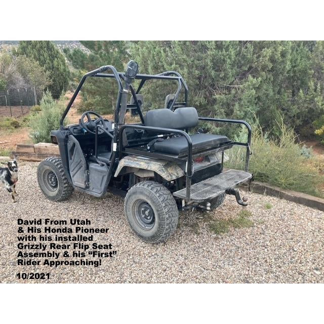 Honda Pioneer 500 CUSTOM REAR WELDED FLIP SEAT ASSEMBLY-USA -Raw Metal-Includes Grizzly's Amazing Heat Shield, Black Cushion Set; 13 GA Exp. Sheet Metal; Cargo Area-INSTANT TRANSFORMATION!-Options: Seat Belts, 2" Receiver, Grab Bar - Raw Metal Only!