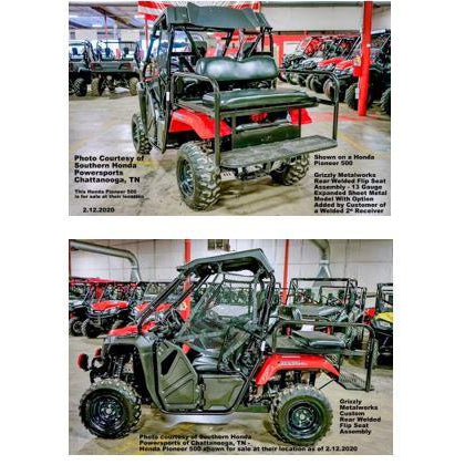 Honda Pioneer 500 CUSTOM REAR WELDED FLIP SEAT ASSEMBLY-USA -Raw Metal-Includes Grizzly's Amazing Heat Shield, Black Cushion Set; 13 GA Exp. Sheet Metal; Cargo Area-INSTANT TRANSFORMATION!-Options: Seat Belts, 2" Receiver, Grab Bar - Raw Metal Only!